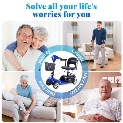 This 4-wheel Electric Mobility Scooter, Designed for Seniors And Individuals with Disabilities, Features A 350W Motor, 12.5Ah 6 Mph Top Speed, 15-mile Range, 360° Rotating Seat, LED Headlights, Detachable Shopping Basket, An