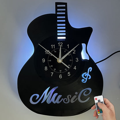 Handmade Guitar-Shaped Vinyl Record LED Wall Clock - Unique Musical Theme, Irregular Shape, Flat Crown, Digital Display, Battery Operated (AA Not Included) - Ideal for Living Room, Bedroom, Office, Music Room Decor - Perfect