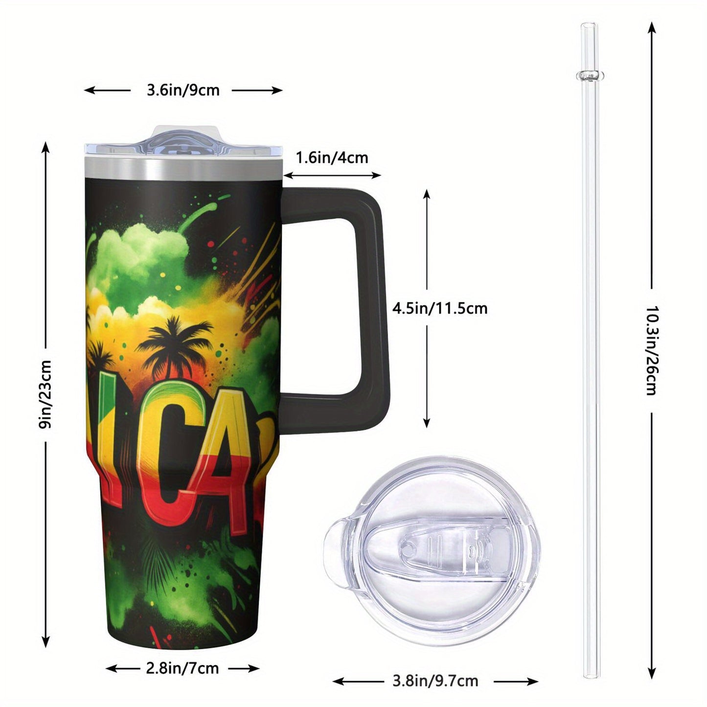 30oz Large Capacity Tumbler with Handle - Double-Wall Insulated Cup, Leakproof Lid & Built-in Straw, BPA-Free Stainless Steel Travel Mug, Keeps Drinks Hot/Cold for Hours, Tropical Jamaica Design in Green/Red/Black/ - Perfect
