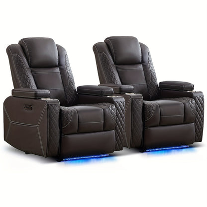 Power Recliner Sofa with Adjustable Headrest & LED Ambient Light & Hidden Storage & USB Ports for Living Room Home Theater
