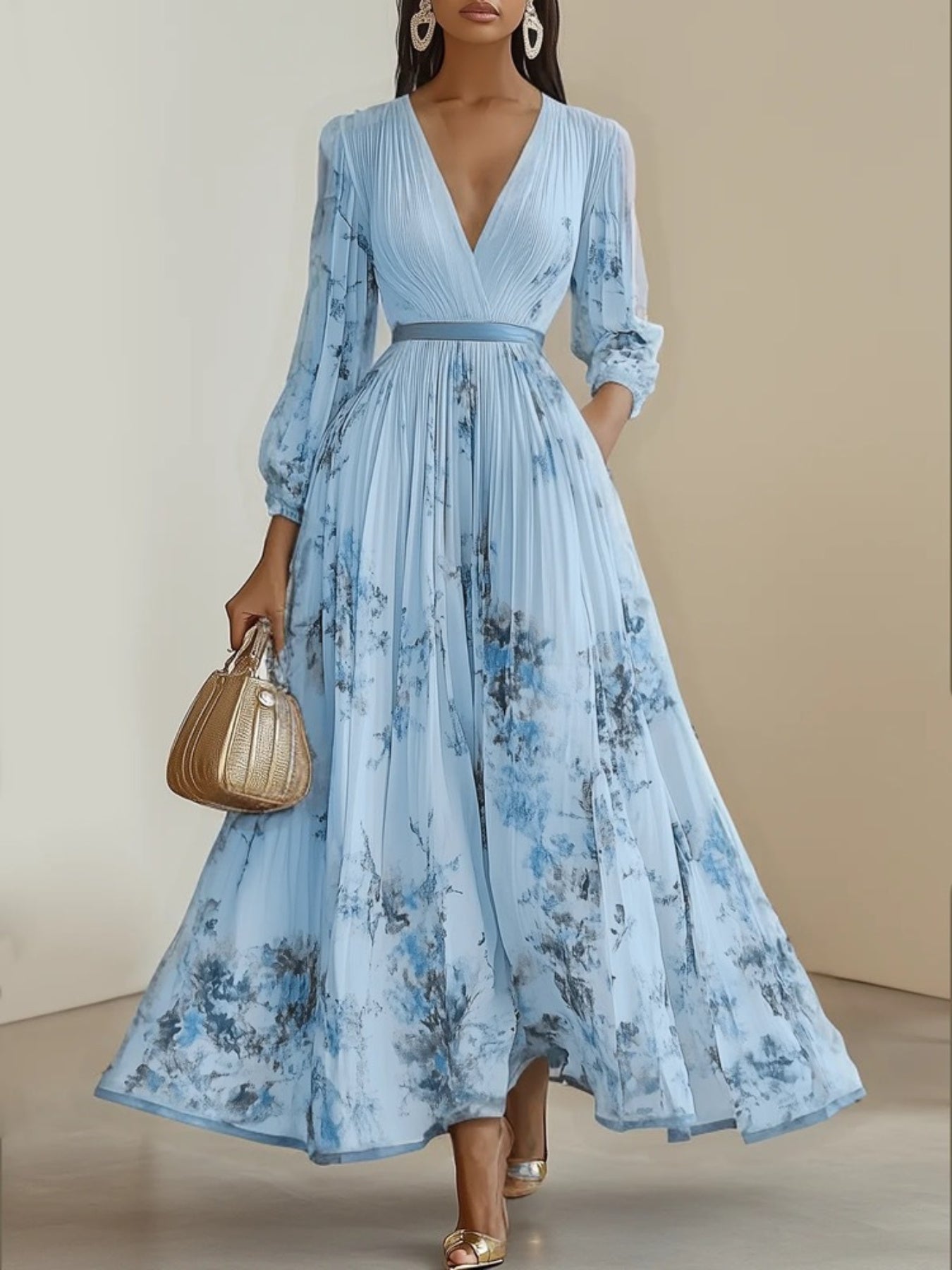 Women's Elegant A-Line Maxi Dress with V-Neck & full-length Zipper Back - Long Sleeve Summer Wedding Guest Gown, Pleated Maxi, Non-Stretch Fabric (Hand Wash/Dry Clean) - Floral print suitable for Prom, Party, Special Occasion
