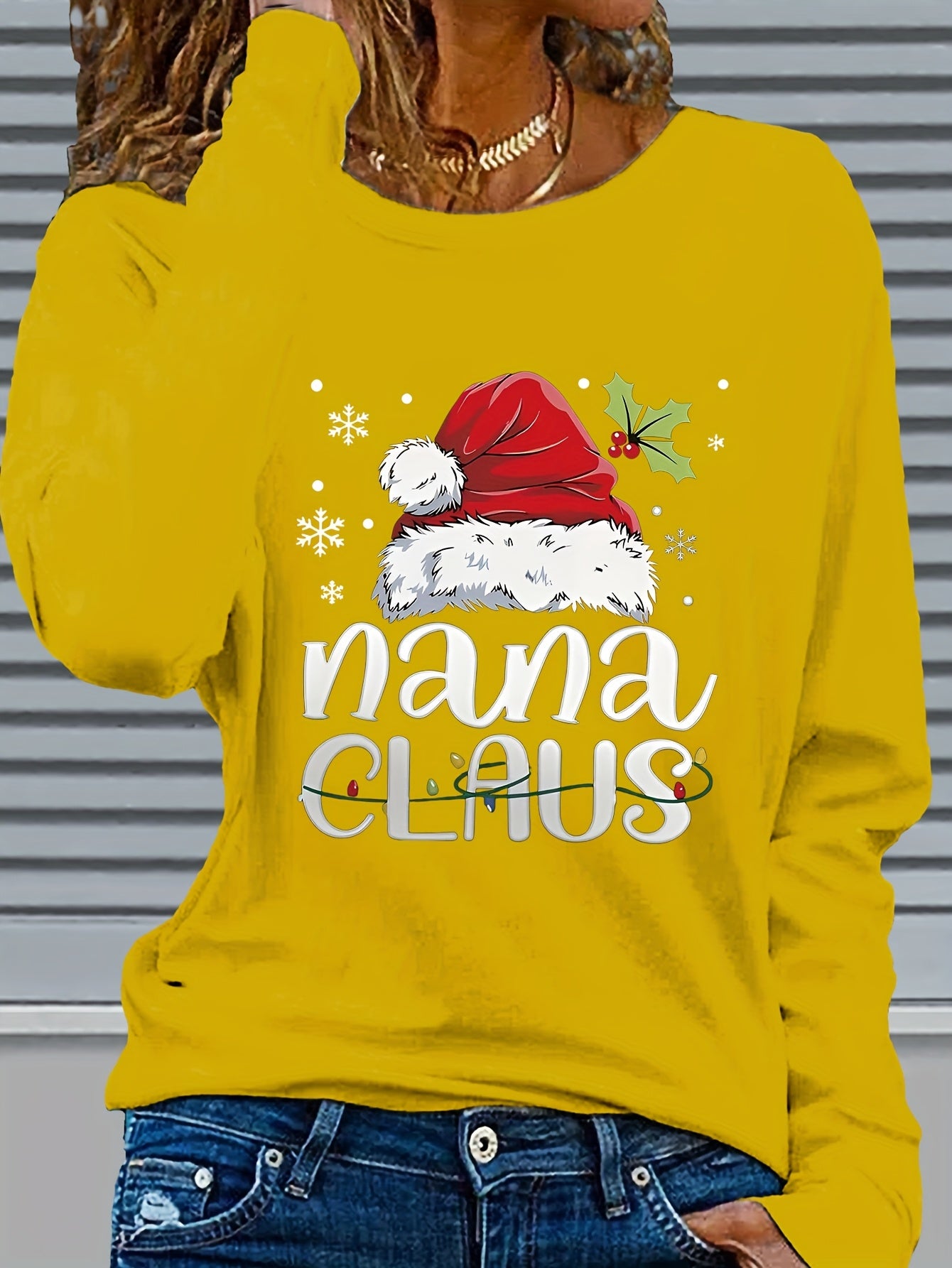 Women'S Christmas Santa Claus & Nana Claus Graphic Print Long Sleeve T-Shirt - Cozy Crew Neck Casual Top with Festive Snowflake & Santa Hat Design, Perfect For Fall/winter Holiday Celebrations, Christmas Shirts