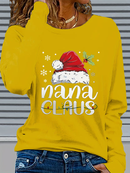 Women'S Christmas Santa Claus & Nana Claus Graphic Print Long Sleeve T-Shirt - Cozy Crew Neck Casual Top with Festive Snowflake & Santa Hat Design, Perfect For Fall/winter Holiday Celebrations, Christmas Shirts