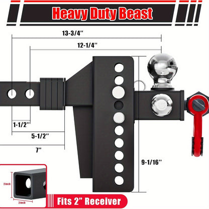 TYT Heavy Duty Adjustable Trailer Hitch Tri-Ball Mount With Locks&Pin&Rotatable Tow Shackle, Fits 2-in Receiver, 6-7/8" Rise/Drop, 1-7/8" & 2" &2-5/16" Ball