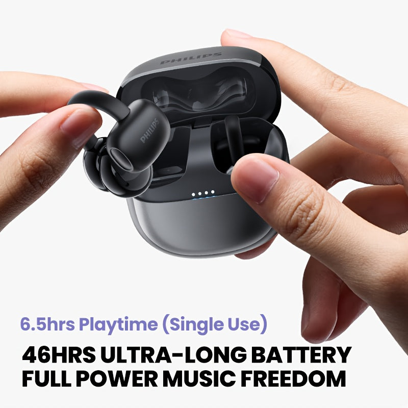 Philips True Wireless Bluetooth Headphones, Open Wireless Earbuds, Ear Clip Wireless Earbuds, for iPhone and Android, Comfortable to Wear, Bluetooth 5.4, 46 Hours of Playtime, Stereo Bass, LED Battery Display, ENC Dual Noise