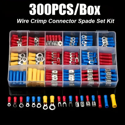 300pcs Electrical Wire Crimp Connector Kit Featuring Insulated Copper Terminal Blocks With Ring, Fork, And Spade Connectors. Ideal For DIY Wiring And Repairs, This Kit Operates In Uncharged Power Mode And Contains No Electron
