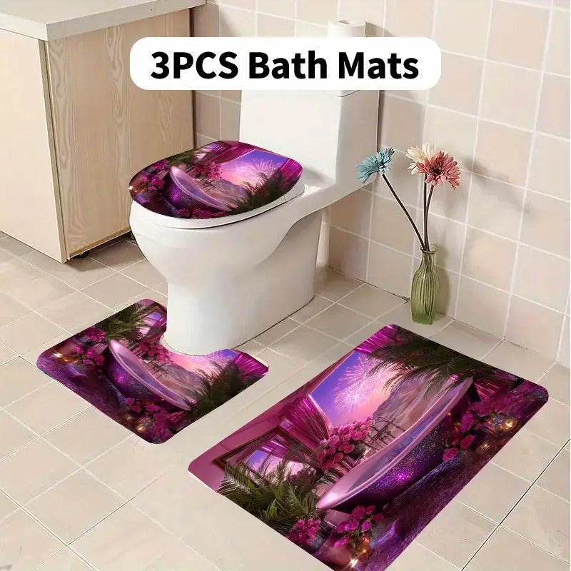 1/4pcs Dreamy Bathtub Night Scene Print Set, Extra Wide Circular Shower Curtain, Includes Non-Slip Mat, Toilet Seat Cover, Floor Mat, and 12 Plastic Hooks, Bathroom Accessories, Holiday Decoration, Home Gift, Shower Curtain S