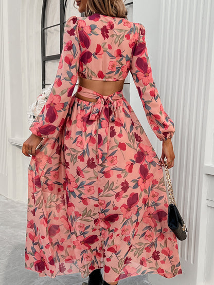 Stylish Floral Dresses with V-Neck, Long-Sleeved& Waist-Cinching Design for A Comfortable Look- Holiday& Casual Outfit for Women