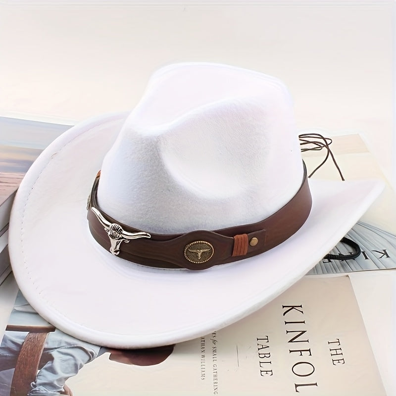 Stylish Lightweight Western Cowboy Hat - Classic Wide Brim Felt with Brown Leather Band & Metallic Buckle, Breathable & Machine Washable for Weddings & Casual Wear, Cowboy Hat