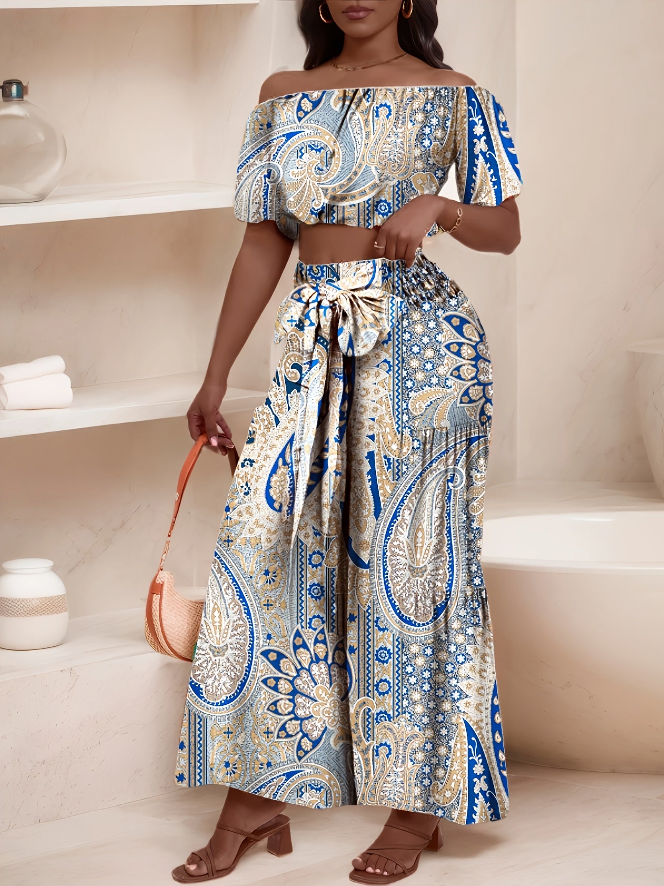 Summer Paisley Print Single Shoulder Bat Sleeve with Lace Edge Off Shoulder Short Top and Wide Leg Pants Set