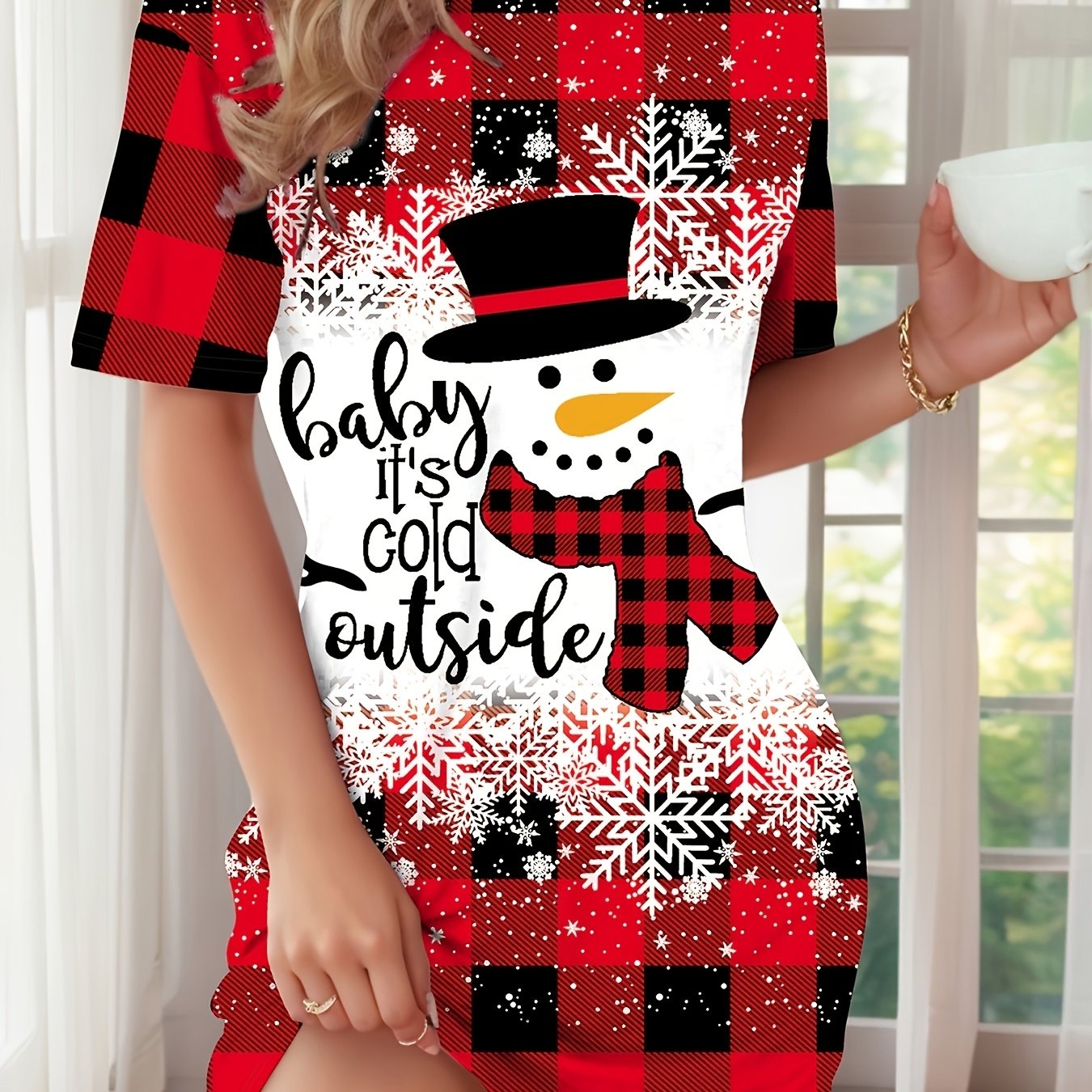 Red & Black Elegant Bohemian Plaid Dress with Snowman & Snowflake Print Women's All-Season Casual Sleepwear, Round Neck Short Sleeve A-Line Dress with Pockets, Comfortable Home Wear For Christmas, Halloween, Valentine'S Day -