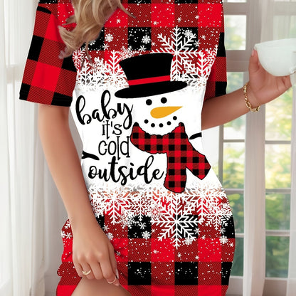 Red & Black Elegant Bohemian Plaid Dress with Snowman & Snowflake Print Women's All-Season Casual Sleepwear, Round Neck Short Sleeve A-Line Dress with Pockets, Comfortable Home Wear For Christmas, Halloween, Valentine'S Day -