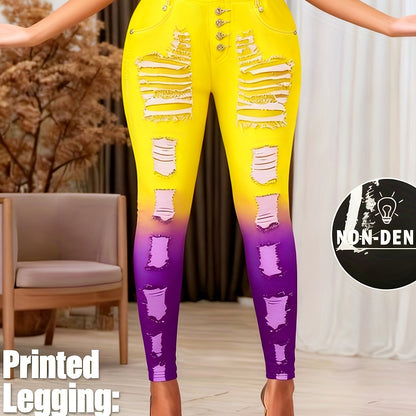 [Printed Pants - Not Denim Fabric] Printed Legging - Not Denim Fabric - Christmas Plus Size Women's Digital Print Denim-Look Leggings, Stretch Polyester, All-Season Casual Slim-Fit Pants, Regular Fit, Adult Sizes, Machine Was