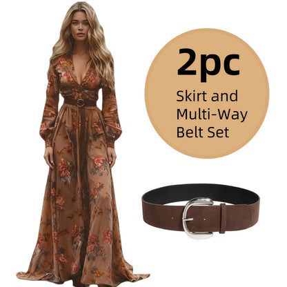 Brown Tone Deep V Floral Print Long Dress, Long Sleeve Vintage Romantic Style, Autumn Forest Artistic Outfit, Natural Flowy Long Dress, Oil Painting Texture Dress