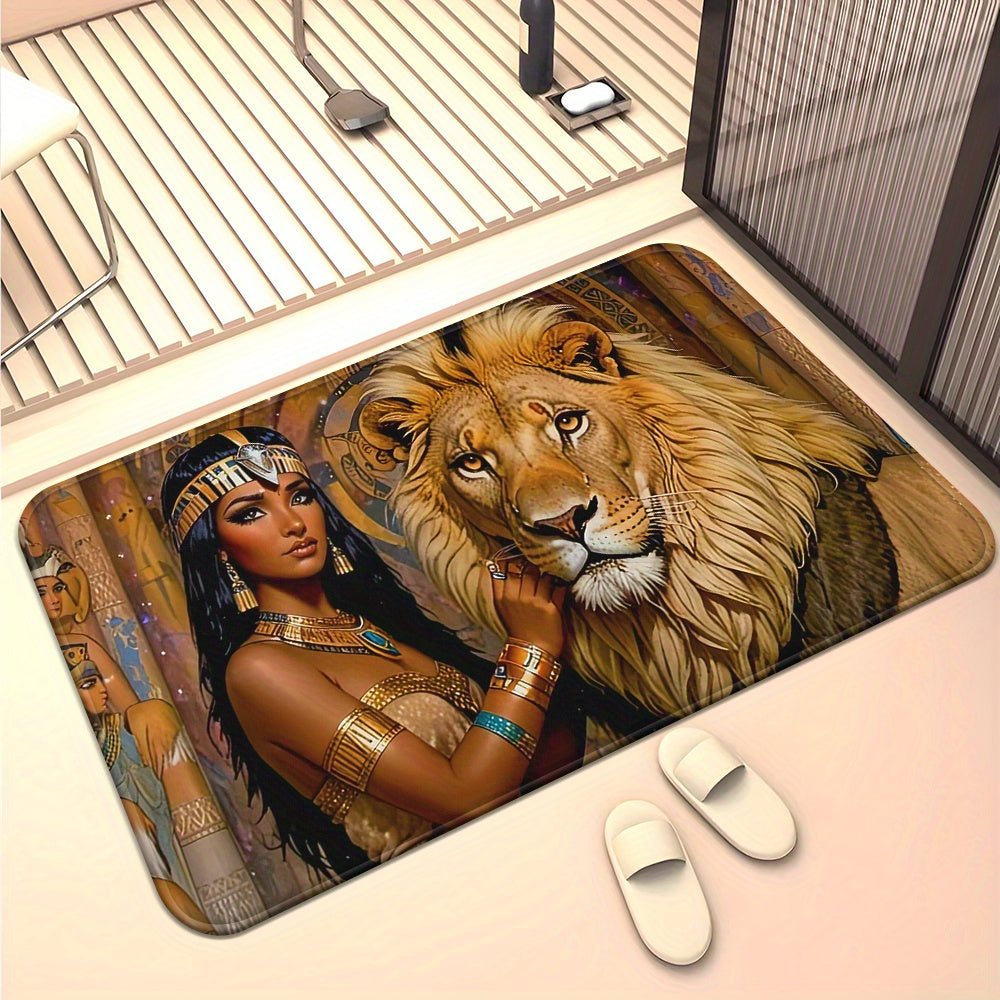 1pc Cleopatra and Lion Non-Slip Door Mat – Microfiber Absorbent, Machine Washable Polyester Rug with Egyptian Motifs, Perfect for Bathroom, Bedroom, Living Room