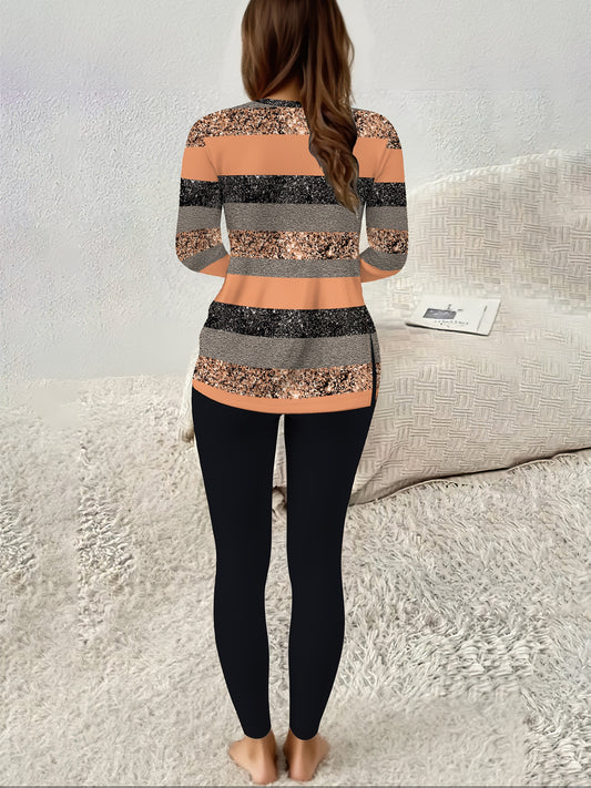 Women'S Plus Size Casual Top & Leggings Set - All-Over Striped Print Round Neck Long Sleeve with Side Slit Design, Comfortable Stretch Fabric