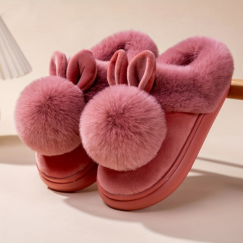 [Cozy House Shoes] 2025 New Autumn & Winter Single Ball Rabbit-Ear Design Warm Slippers for Men & Women - Couples' House Shoes with Thick Sole & Semi-Enclosed Back | Indoor/Outdoor Slides | Lightweight & Quiet Home Footwear |