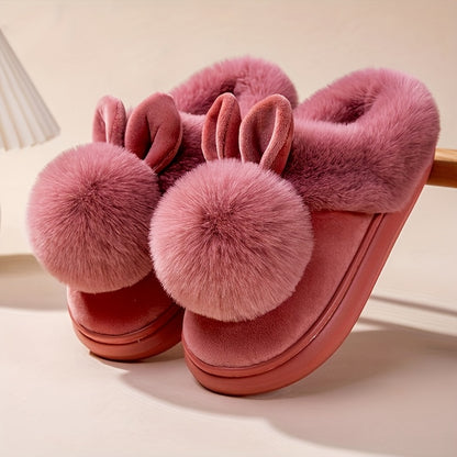 [Cozy House Shoes] 2025 New Autumn & Winter Single Ball Rabbit-Ear Design Warm Slippers for Men & Women - Couples' House Shoes with Thick Sole & Semi-Enclosed Back | Indoor/Outdoor Slides | Lightweight & Quiet Home Footwear |