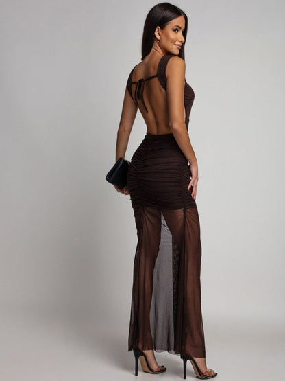 Backless Sleeveless Bodycon Evening Dress - Coffee Color Metallic Floral Pleated Mesh Slit Maxi Skirt Dress Suitable for Dinner Dates, Weddings, Prom, Spring Summer Outfits, Machine Washable Elegant Dress