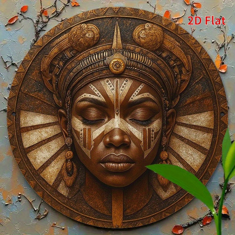 2D Flat, 1pc African Mask Round Metal Wall Art - Vibrant & Tranquil Decor for Living Room, Bedroom, Porch, Front Door - No Electricity Needed, Artistic Design with Textured Metal Finish, Perfect for Room Decor, African Home D
