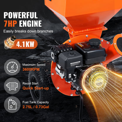 VEVOR Wood Chipper Shredder Mulcher 7HP Heavy Duty Gas Powered 3” 212cc/ 420cc, 4.1kw/4.1kw