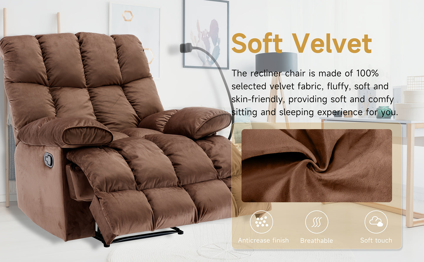 Chizzysit 2 Pack Manual Recliner Chair, Oversized Reclining Chair, Velvet Comfortable Recliner Chairs for Adults with Soft Overstuffed Arms And Back, Heavy Duty Reclining Chair for Living Room, Ergonomic Single Sofa Chair, So