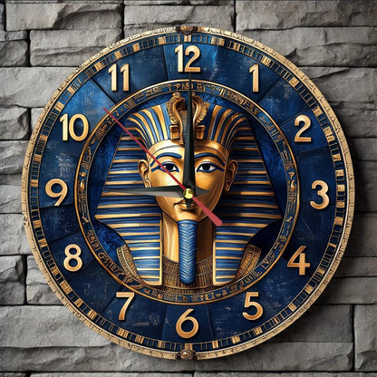 Egyptian-Themed Silent Wooden Wall Clock, 9.8" Round - Farmhouse Style Decor for Kitchen, Bedroom, Office | Easy to Read, No Ticking Sound | Battery Not Included, Round Hanging Clock