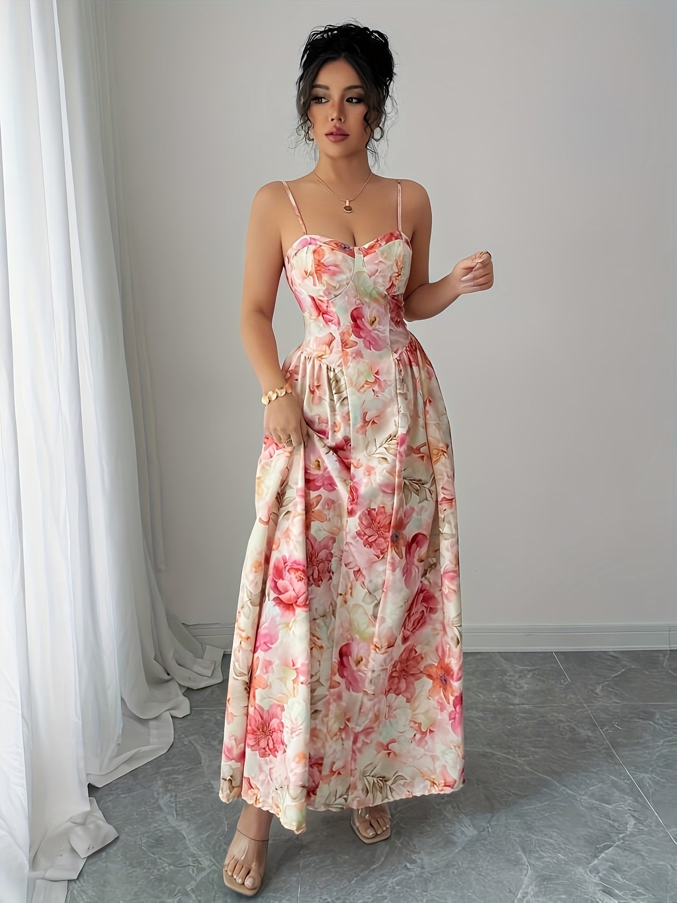 Print French-Inspired Off-Shoulder Maxi Dress with Ruffled Hem - Sleeveless, Cinched Waist, Flowy Design for Women - Perfect for Spring/Summer/Fall - Pink Floral Print on White, Cute Dress