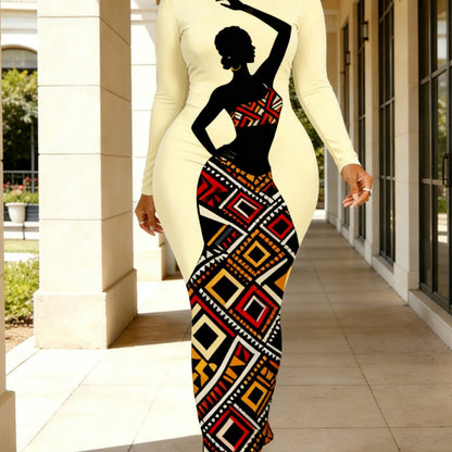 [Women's Dress] Spring/Summer Women's Long-Sleeved Bodycon Dress, African Batik Geometric Print, Elastic Waist for a Flattering Figure, Ethnic Style Outfit for Holidays and Parties, 2026 Early Spring New Arrival