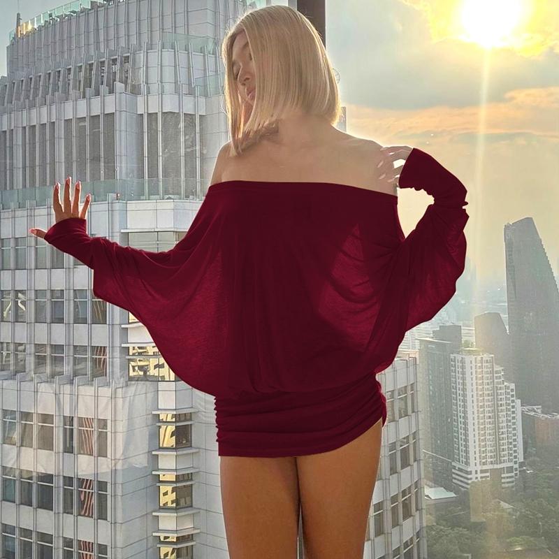 Women'S Sexy Off-the-Shoulder Long Sleeve Mini Dress - Solid Color Sheer Panel Party Clubwear, European & American Inspired Pleated Bandeau Dress for Spring/Autumn, Casual to Night Outfits, 2025 New Arrival (Sexy Off-Shoulder