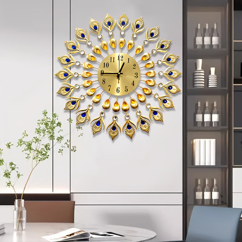 Elegant Peacock Pattern Metal Silent Wall Clock - Modern Minimalist Quartz Movement, No Ticking Sound, Auto Shut-Off, Round Metal Wall Clock with & Golden Peacock, For Living Room, Bedroom, Peacock Decor, Bedroom Accessory, H