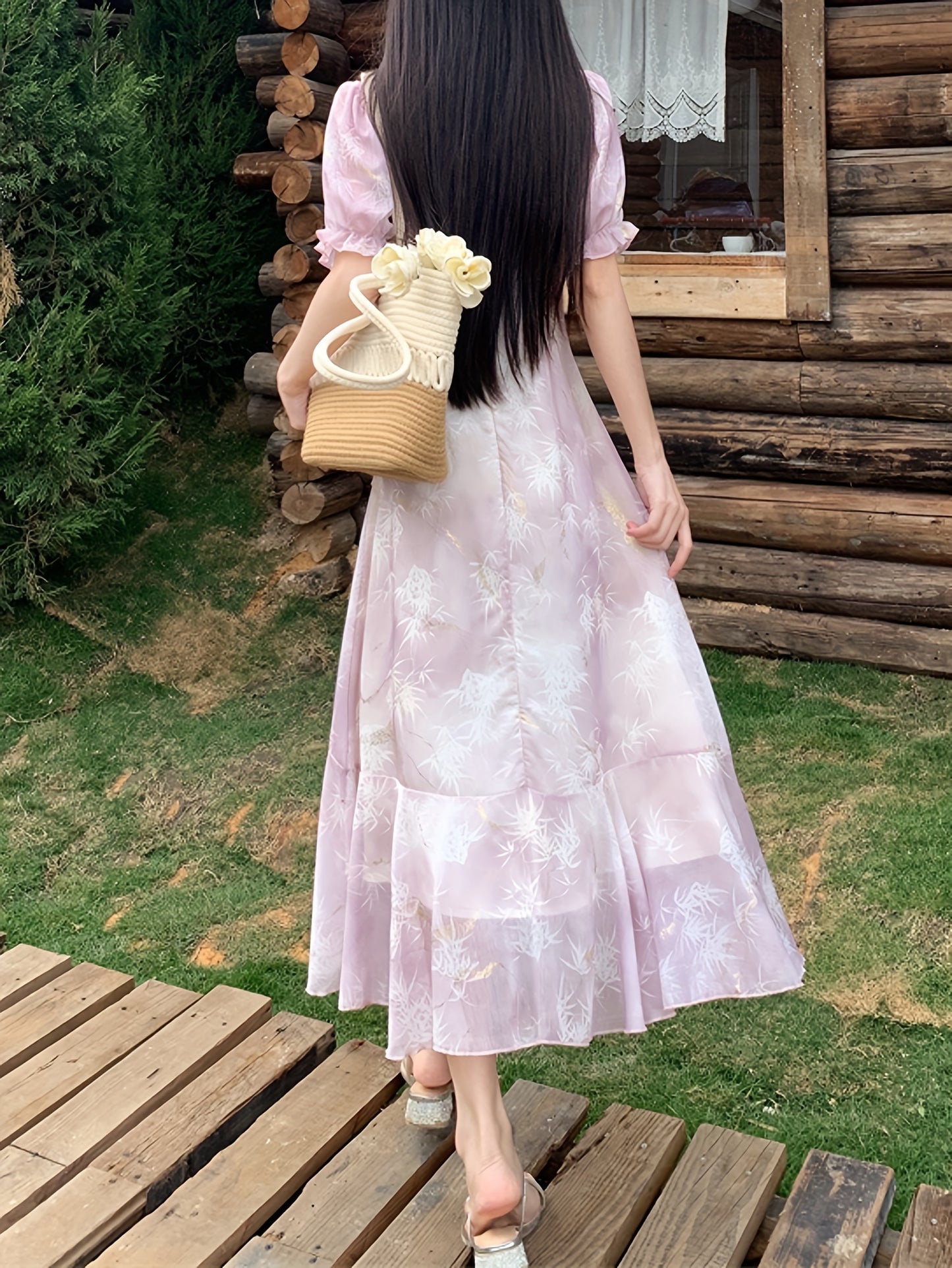 A Stylish Off-Shoulder Long Sleeve Dress for Women Featuring a Lavender Floral Pattern, Ruffle Collar, And A-Line Silhouette. Suitable for Both Formal And Casual Occasions, This Machine Washable Dress Is Perfect for Spring An