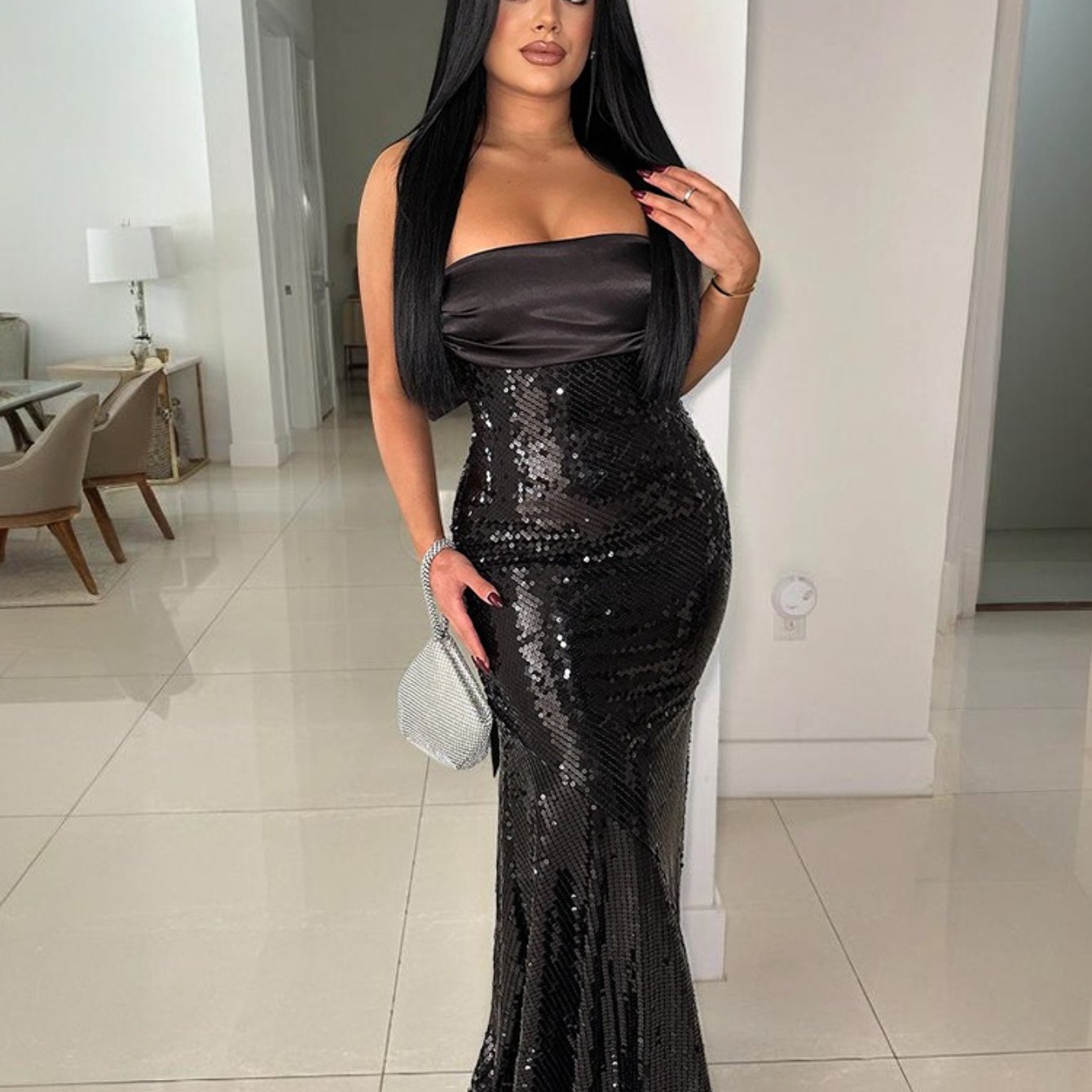 Plus Size, Plus Size Women's Elegant Mermaid/Fishtail Evening Gown - Strapless Sparkling Sequin -Neck Wedding Prom Dress with Asymmetrical train, Long Mermaid/Fishtail Tail, Machine Washable (No Bust Padding/Alterations) Suit