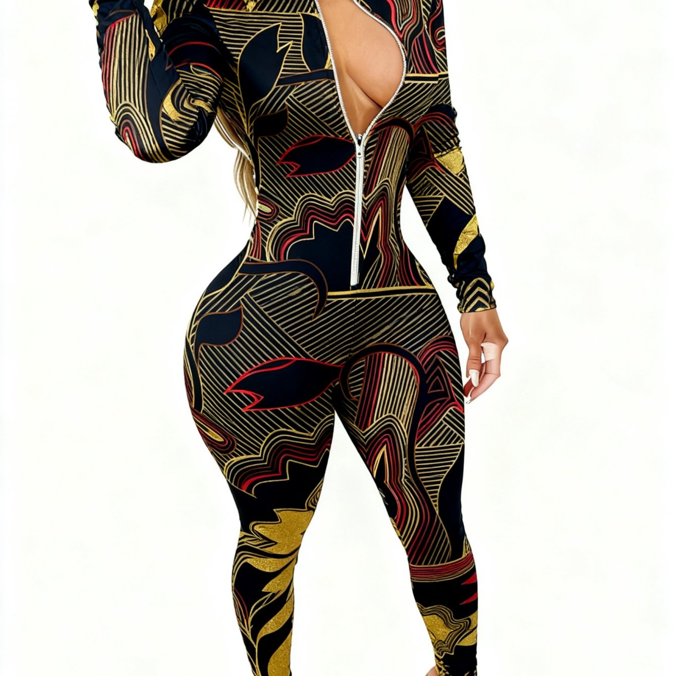 Plus Size - Women'S Sexy V-Neck Jumpsuit | Zipper Closure, Fashion Printed, Versatile for Party, Club & Daily Wear, 4-Season Fashion Outfit, Slight Stretch Fabric
