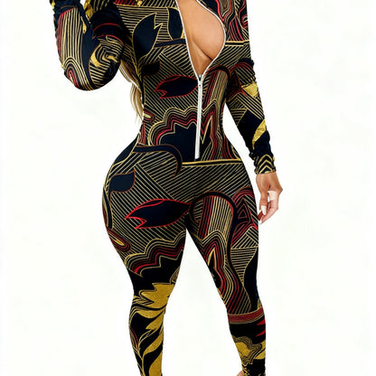 Plus Size - Women'S Sexy V-Neck Jumpsuit | Zipper Closure, Fashion Printed, Versatile for Party, Club & Daily Wear, 4-Season Fashion Outfit, Slight Stretch Fabric