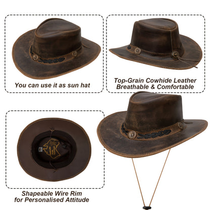 Shapeable Leather Cowboy Hat Into Outback Hat Western Vintage Australian Hats for Men & Women, Festival Unisex Outdoor, High Quality &, Handcrafted Headwear-Stitching, Lightweight Top-Grain Leather, Brass Studs, Adjustable Ch