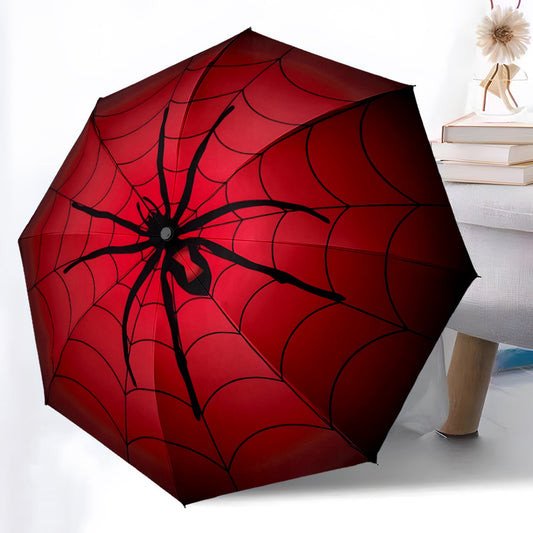 Spider Web Design Automatic Umbrella - Red & Black Spider Web Pattern, Compact Folding Parasol with 8-Rib Stability, Portable Travel Umbrella for Women/Men, Halloween Costume Accessory, Everyday Carry - Ideal Gift for Horror