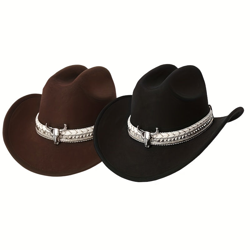 2pcs Western Cowboy Hat Mix & Match - Hand-Braided Large Bull Head Buckle Accessory, Wide-Brim Flat-Top Hats Suitable for Men & Women, Cowboy/Cowgirl, Themed Parties, Rodeo, Western Events - Handwashable, Handwash Care