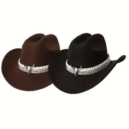 2pcs Western Cowboy Hat Mix & Match - Hand-Braided Large Bull Head Buckle Accessory, Wide-Brim Flat-Top Hats Suitable for Men & Women, Cowboy/Cowgirl, Themed Parties, Rodeo, Western Events - Handwashable, Handwash Care