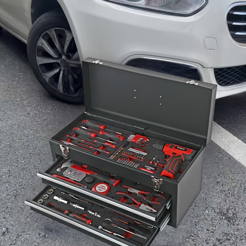 Tool Set, Car Repair Tool Set with Metal Toolbox Storage Box, Toolbox Storage Box with Drawers, Car Portable Iron Toolbox, Hand Tool Set, - Perfect for Maintenance Workers, Father's Day, Valentine's Day Gifts