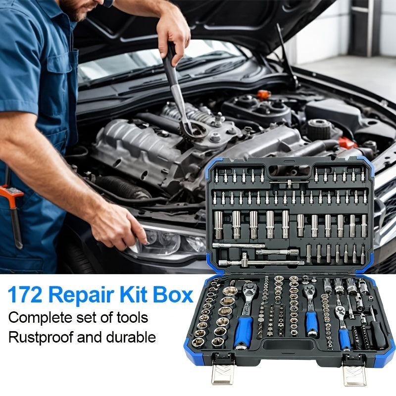 170+2/53+1pc Professional Car Repair Tool Set, Ratchet Wrench And Durable Toolbox, 1/2 * 1/4 "3/8" Drive Depth And Standard Socket, Suitable For Car Repair, Home And Projects, Worry Free Operation For Men And Women, Christmas