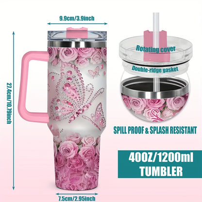 One Personalized 40Oz Tumbler Featuring a Lid And a Butterfly Design, Customized with a Name. This Stainless Steel Water Bottle Is Insulated And Built to Last, Making It a Perfect Gift for Various Occasions Such As Birthdays,