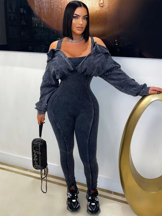 Hot Women'S V-Neck Tight-Fitting Jumpsuit Autumn And Winter New Women'S Sexy