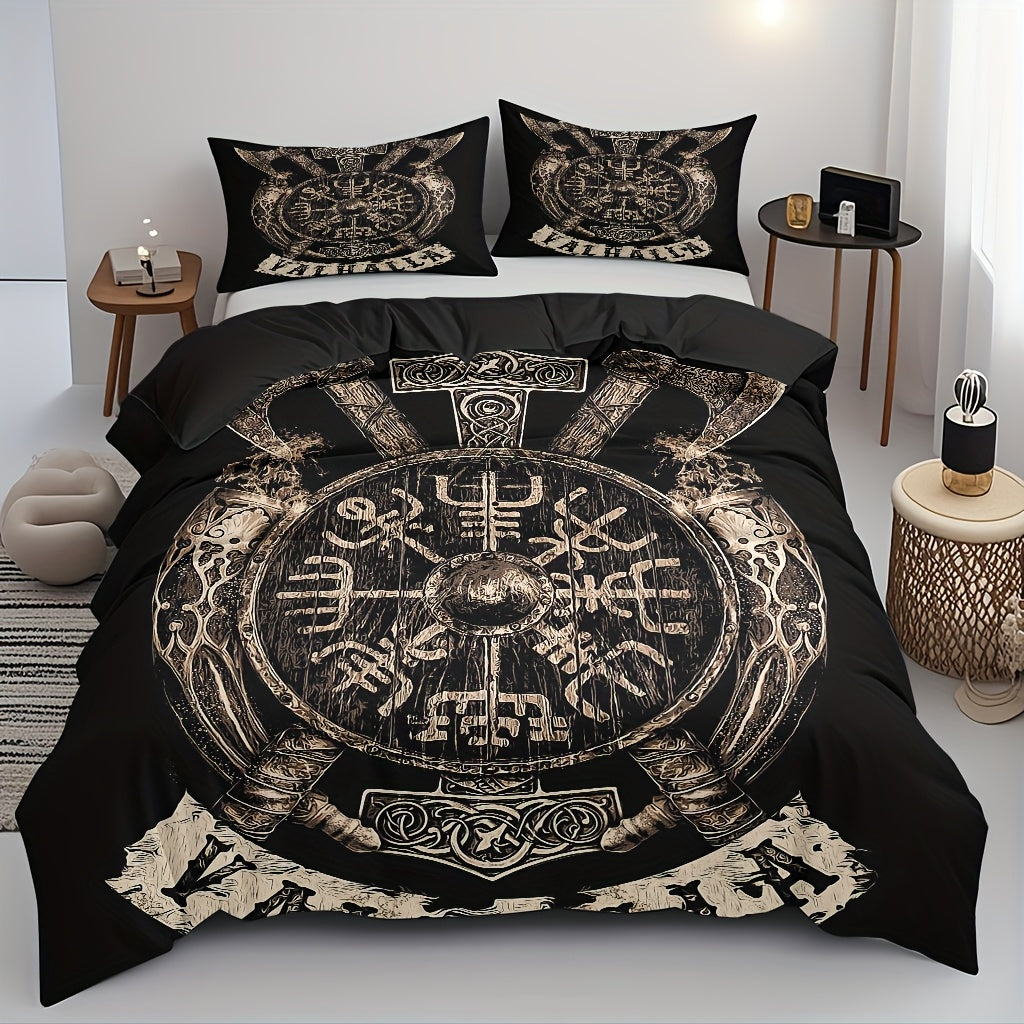 3pcs Comfortable Viking Shield Theme Duvet Cover Set, Soft High-Definition Digital Print, Soft, Breathable 100% Polyester, Perfect Gift, All-Season, Family And Friends Gift, Machine Washable (1 Duvet Cover + 2 Pillowcases, No