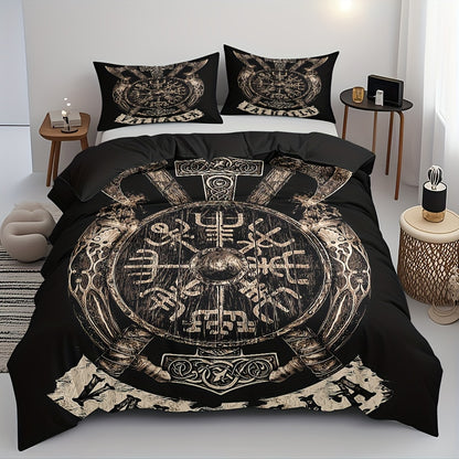 3pcs Comfortable Viking Shield Theme Duvet Cover Set, Soft High-Definition Digital Print, Soft, Breathable 100% Polyester, Perfect Gift, All-Season, Family And Friends Gift, Machine Washable (1 Duvet Cover + 2 Pillowcases, No