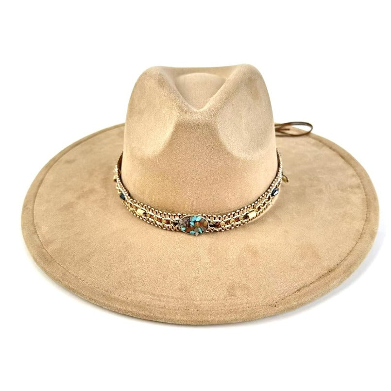 1pc Bohemian-Style Wide-Brimmed Women'S Felt Hat - with a Turquoise Bead Chain Decorative Band - Suitable for Holiday Dress-Up, Cowboy-Inspired Looks, Daily Casual Wear, And As a Photography Prop for Bohemian Home Decor, Fest