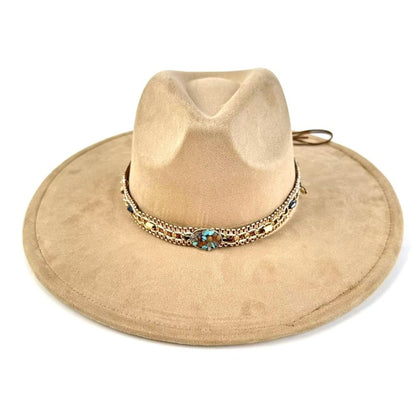1pc Bohemian-Style Wide-Brimmed Women'S Felt Hat - with a Turquoise Bead Chain Decorative Band - Suitable for Holiday Dress-Up, Cowboy-Inspired Looks, Daily Casual Wear, And As a Photography Prop for Bohemian Home Decor, Fest