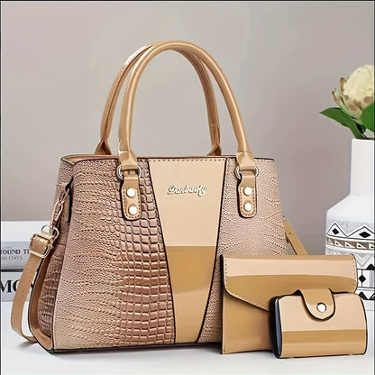 3pcs, Classic Large Capacity Mom Bag, Bright Surface Crocodile Pattern Multi-pocket Compartment Bag, Designer Bags for Women, Vintage Purse, Womens Hand Bag, Designer Bags for Women High Quality, Everyday Purse, Travel Access