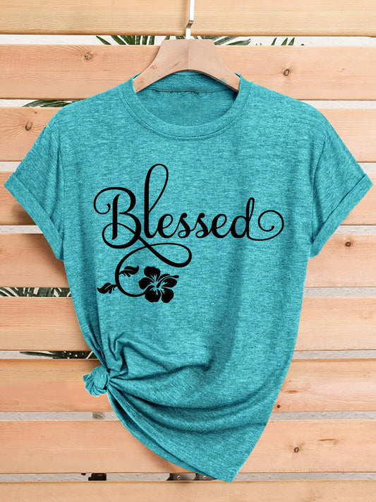 Women's Casual Short Sleeve T-Shirt - Blessed Floral Print Retro Style, Soft Stretch Round Neck Top, Machine Washable All-Season Comfort, Multi-Color Options S-XXL, Ladies T Shirts