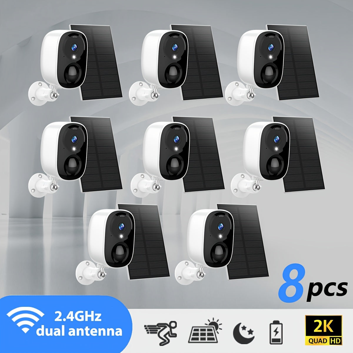 8PCS Solar Powered 2K 3MP Wireless Outdoor Security Camera System - AI Motion Detection, Two-Way Voice Call, Color & Infrared Night Vision,, Battery Powered With USB Dual Use, Lithium Battery
